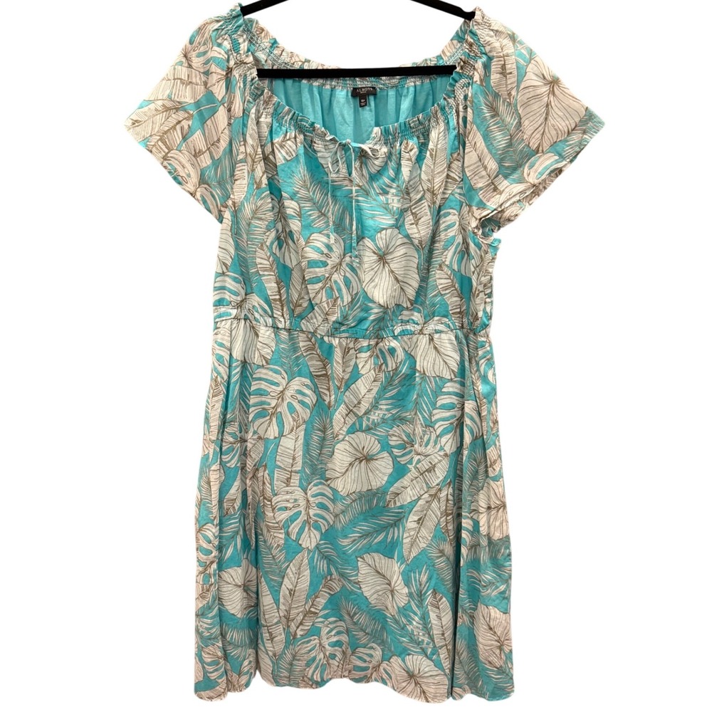 Talbots Fit and Flare Dress Womens Turquoise Tropical Monstera Leaf Boho 16P